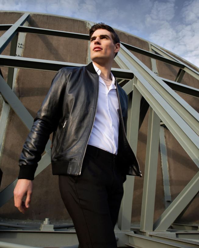 chaqueta bomber de cuero julio Cruyff hombres negro D6DNB779 chaqueta